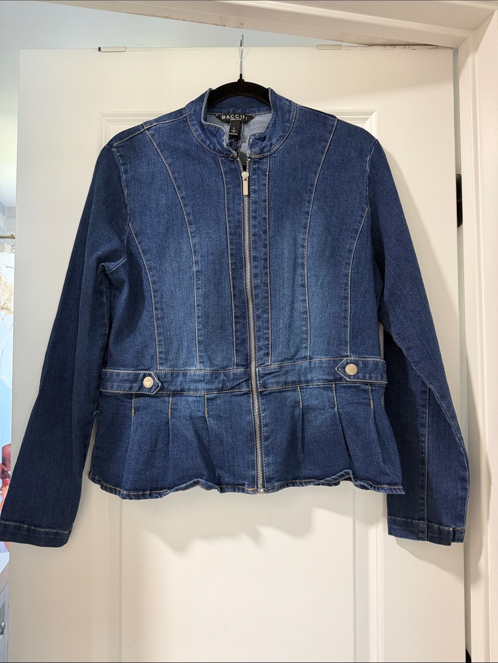 Baccini Dark Blue Denim Zip-Front Jacket with Peplum Hem